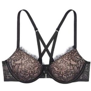 Victoria’s Secret Bombshell Front Clasp Push Up Bra 32AA Black & Nude Lace